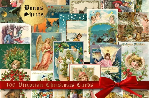 A collage of 100 Victorian Christmas Angel Cards featuring angels, children, Santa Claus, and holiday scenes, decorated with a red bow and labeled "Bonus Sheets.