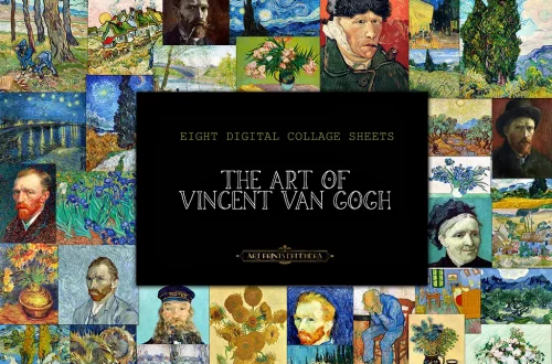 A colorful collage featuring various famous paintings by Vincent van Gogh, including portraits, landscapes, and still lifes. A black center panel with gold text reads, "Eight Digital Collage Sheets - The Art of Vincent van Gogh." This stunning art collection is perfect for enthusiasts.