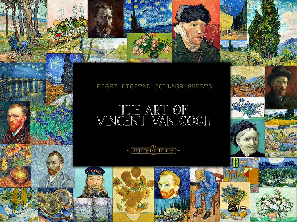 A colorful collage featuring various famous paintings by Vincent van Gogh, including portraits, landscapes, and still lifes. A black center panel with gold text reads, "Eight Digital Collage Sheets - The Art of Vincent van Gogh." This stunning art collection is perfect for enthusiasts.