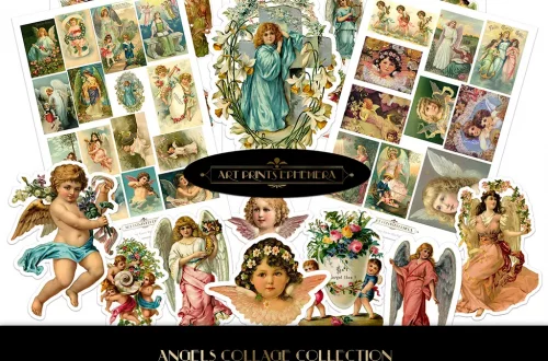 A digital collage sheet displaying a variety of vintage angel illustrations. The central figure is a large angel in blue, surrounded by smaller fussy cut angels, cherubs, and decorative elements. The text reads "ART PRINTS EPHEMERA" and "ANGELS COLLAGE COLLECTION.