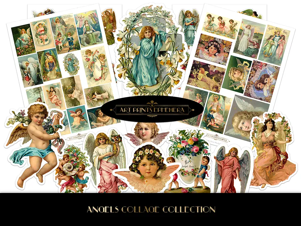 A digital collage sheet displaying a variety of vintage angel illustrations. The central figure is a large angel in blue, surrounded by smaller fussy cut angels, cherubs, and decorative elements. The text reads "ART PRINTS EPHEMERA" and "ANGELS COLLAGE COLLECTION.