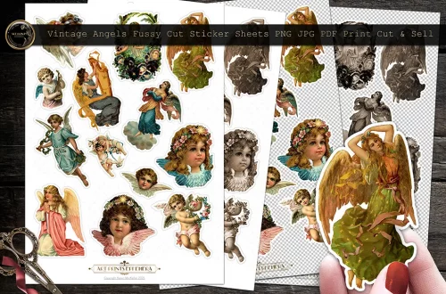 A collection of No1 vintage angel-themed fussy cut sticker sheets is displayed. The sheets showcase various vintage angels in different poses and attire, surrounded by floral and decorative elements. A hand is holding one of the fussy cut angel stickers to the right.
