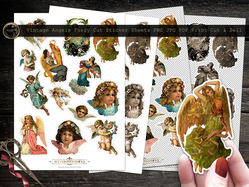 A collection of No1 vintage angel-themed fussy cut sticker sheets is displayed. The sheets showcase various vintage angels in different poses and attire, surrounded by floral and decorative elements. A hand is holding one of the fussy cut angel stickers to the right.