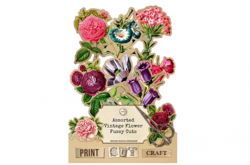 A selection of colorful vintage-style flower cutouts is arranged neatly on a beige background labeled "Assorted Vintage Fussy Cut Flowers." A silver pair of scissors lies at the bottom right, with the words "Print, Cut, Craft" below the image. Perfect for your next collage sheet project.