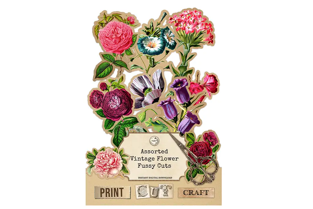 A selection of colorful vintage-style flower cutouts is arranged neatly on a beige background labeled "Assorted Vintage Fussy Cut Flowers." A silver pair of scissors lies at the bottom right, with the words "Print, Cut, Craft" below the image. Perfect for your next collage sheet project.