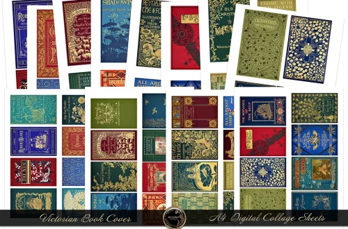 A collage featuring various Victorian book covers with intricate designs and vibrant colors. The covers showcase ornate patterns, gold embossing, and diverse typography.