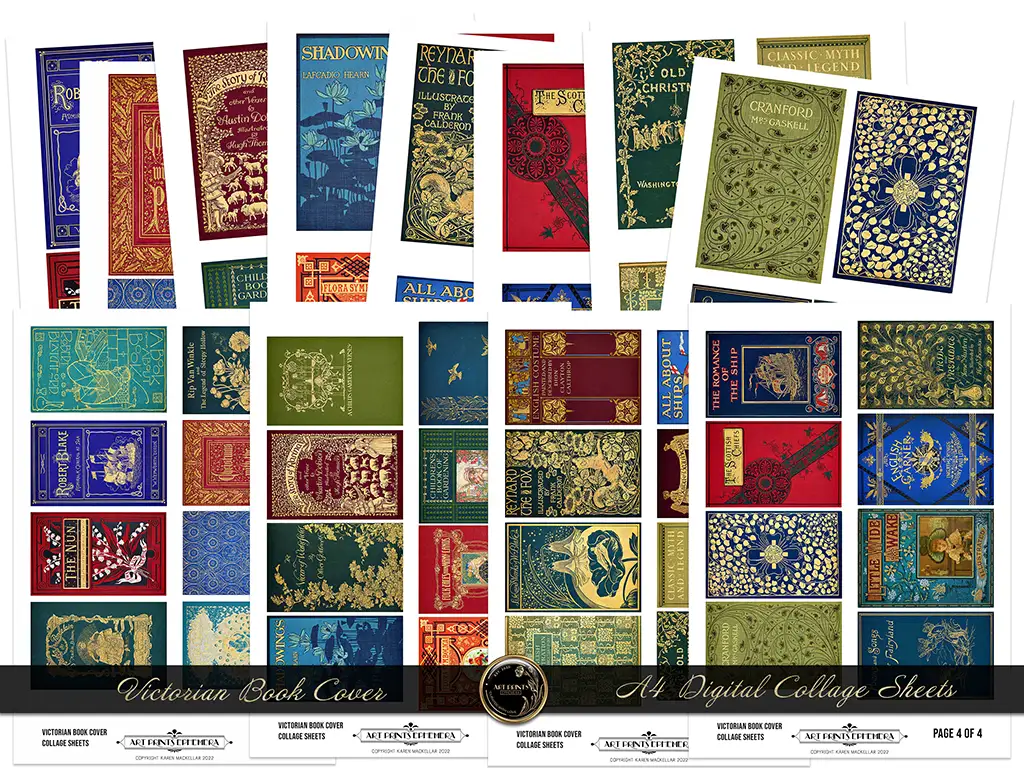 A collage featuring various Victorian book covers with intricate designs and vibrant colors. The covers showcase ornate patterns, gold embossing, and diverse typography.