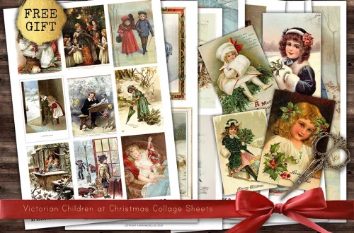 A vintage collage sheet featuring various Victorian-era illustrations of children celebrating Christmas. The artwork includes scenes of caroling, gift-giving, and winter fun. The collage is topped with a red ribbon