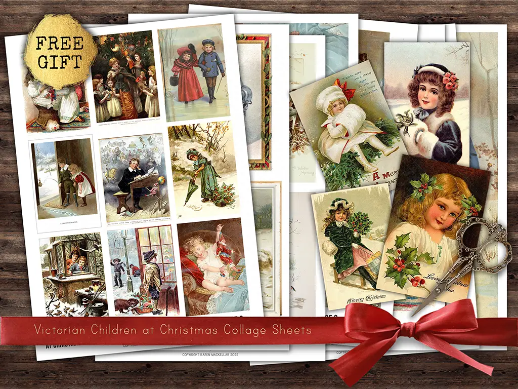 A vintage collage sheet featuring various Victorian-era illustrations of children celebrating Christmas. The artwork includes scenes of caroling, gift-giving, and winter fun. The collage is topped with a red ribbon