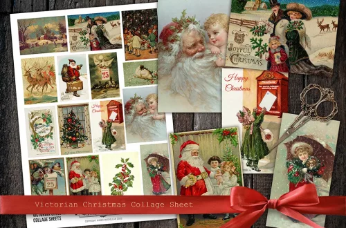 A Victorian Christmas collage sheet features vintage holiday illustrations, including Santa Claus, children playing, festive wreaths, and greeting cards. A red ribbon and a pair of scissors lie next to the digital collage, enhancing its nostalgic charm.