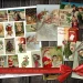 A Victorian Christmas collage sheet features vintage holiday illustrations, including Santa Claus, children playing, festive wreaths, and greeting cards. A red ribbon and a pair of scissors lie next to the digital collage, enhancing its nostalgic charm.