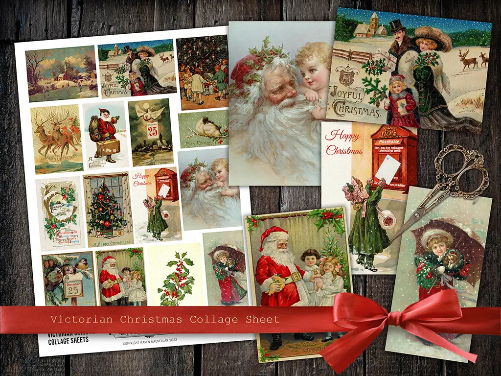 A Victorian Christmas collage sheet features vintage holiday illustrations, including Santa Claus, children playing, festive wreaths, and greeting cards. A red ribbon and a pair of scissors lie next to the digital collage, enhancing its nostalgic charm.