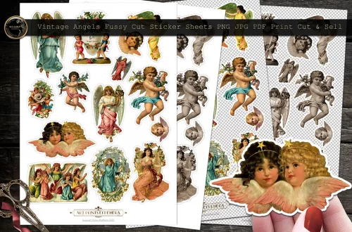 Three sheets of vintage angel-themed stickers are displayed, each featuring various cherubs and angels in different poses and outfits. These intricately designed ephemera pieces are perfect for fussy cutting, making them ideal for crafts or decorations. Scissors are placed nearby.