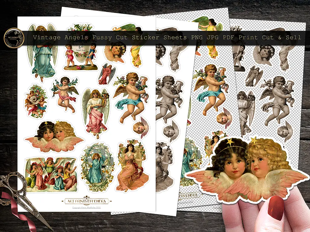 Three sheets of vintage angel-themed stickers are displayed, each featuring various cherubs and angels in different poses and outfits. These intricately designed ephemera pieces are perfect for fussy cutting, making them ideal for crafts or decorations. Scissors are placed nearby.