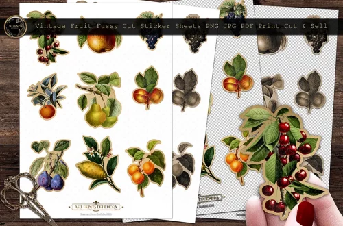 Three sheets of vintage fruit-themed stickers lie on a wooden surface, showcasing illustrations of cherries, apples, pears, and more. A hand with scissors holds a cut-out sticker of red berries. The sheets are labeled for printing and cutting.