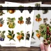 Three sheets of vintage fruit-themed stickers lie on a wooden surface, showcasing illustrations of cherries, apples, pears, and more. A hand with scissors holds a cut-out sticker of red berries. The sheets are labeled for printing and cutting.