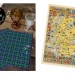 A tabletop with two tartan napkins and three different colored glasses on the left side. The napkins have a blue, green, and black checkered pattern. On the right side, there is a detailed illustrated map of Scotland with various heraldic symbols and crests.