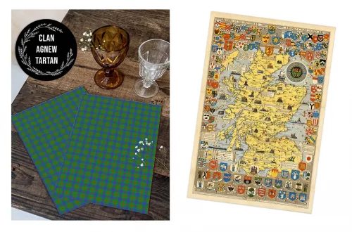 An image featuring two items on a wooden surface: a pair of glasses and two sheets with a blue and green tartan pattern labeled "CLAN AGNEW TARTAN," and a detailed map of Scotland adorned with various crests on a white background.