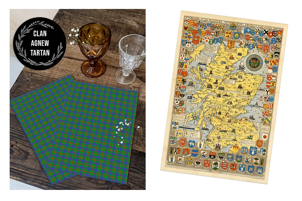 An image featuring two items on a wooden surface: a pair of glasses and two sheets with a blue and green tartan pattern labeled "CLAN AGNEW TARTAN," and a detailed map of Scotland adorned with various crests on a white background.