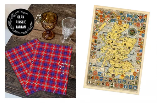 The image shows a wooden table with two tartan-patterned cloths and three vintage glasses on the left. A logo with the text "CLAN AINSLIE TARTAN" is at the top. On the right, there's a detailed illustrated map of Scotland with numerous crests decorating the borders.
