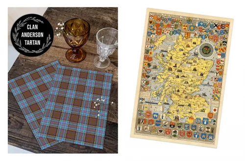 On the left, two plaid napkins in Clan Anderson Tartan beside two glasses. On the right, a colorful vintage map of Scotland adorned with various crests and intricate details.
