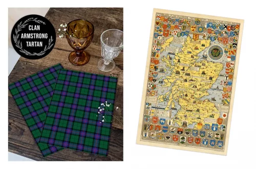On the left, two fabric pieces in a green and blue tartan pattern are laid out on a wooden surface with crystal glasses and a brown goblet. On the right, an illustrated map of Scotland featuring various coats of arms and decorative elements.