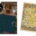 On the left, two fabric pieces in a green and blue tartan pattern are laid out on a wooden surface with crystal glasses and a brown goblet. On the right, an illustrated map of Scotland featuring various coats of arms and decorative elements.