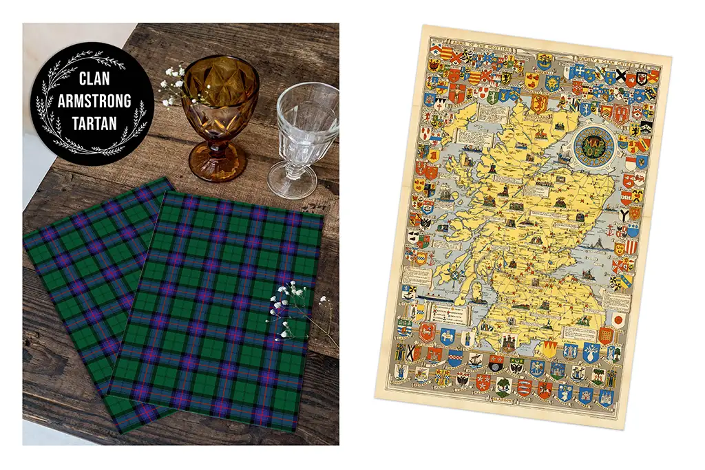 On the left, two fabric pieces in a green and blue tartan pattern are laid out on a wooden surface with crystal glasses and a brown goblet. On the right, an illustrated map of Scotland featuring various coats of arms and decorative elements.