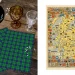 On the left, there are two pieces of green tartan fabric with blue and black stripes, next to amber and clear goblets on a wooden surface. On the right, there is a detailed historical map of Scotland adorned with various colorful crests of different clans.