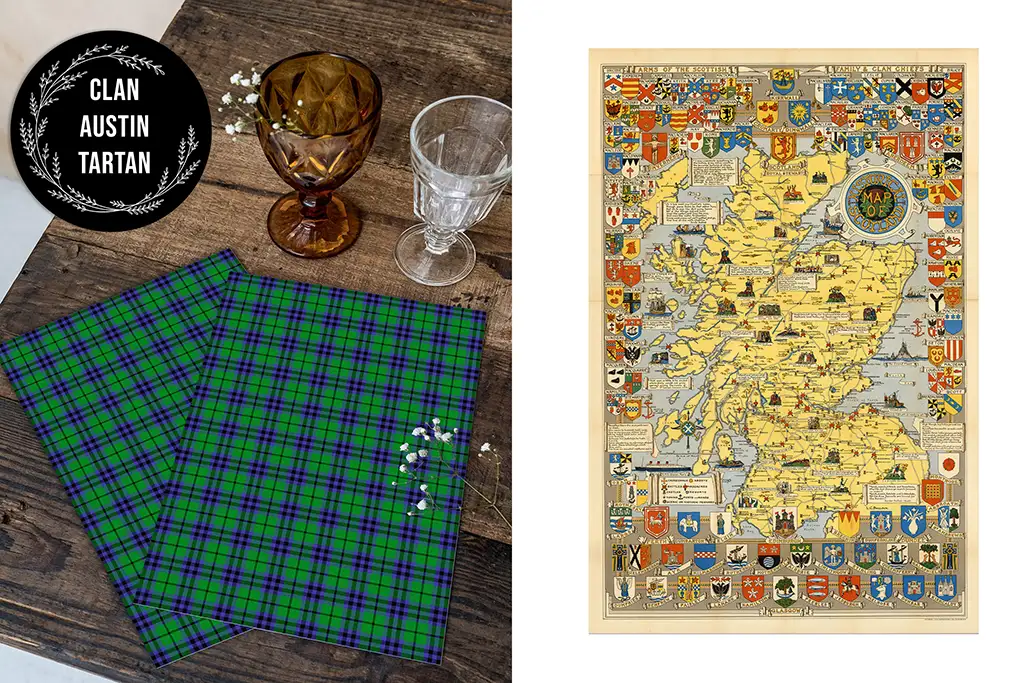 On the left, there are two pieces of green tartan fabric with blue and black stripes, next to amber and clear goblets on a wooden surface. On the right, there is a detailed historical map of Scotland adorned with various colorful crests of different clans.