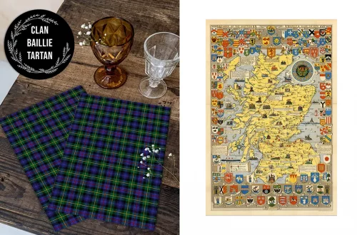 A wooden table with two folded pieces of Clan Baillie tartan fabric, an amber-colored goblet, a crystal glass, and some small white flowers. Beside the table is a detailed historical map of Scotland surrounded by various family crests.