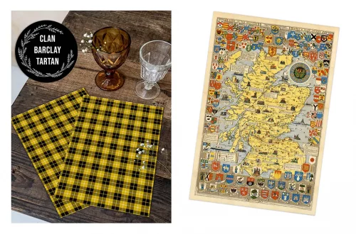 The image features two sections. On the left, there are two yellow and black tartan-patterned napkins placed on a wooden table with two glasses—a brown one and a clear one. On the right, there is a detailed map of Scotland adorned with various family crests.