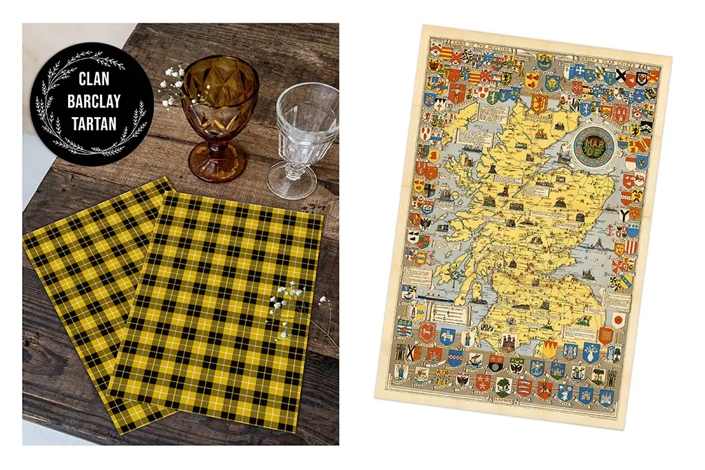 The image features two sections. On the left, there are two yellow and black tartan-patterned napkins placed on a wooden table with two glasses—a brown one and a clear one. On the right, there is a detailed map of Scotland adorned with various family crests.