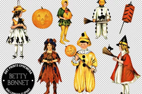 A collection of vintage Halloween clipart featuring children in various costumes. There are kids dressed as a jack-o'-lantern, a child in a yellow costume with an orange pumpkin, one as a witch, and others holding Halloween-themed props. The text reads "Betty Bonnet Art Prints Ephemera Halloween Clipart.