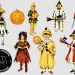 A collection of vintage Halloween clipart featuring children in various costumes. There are kids dressed as a jack-o'-lantern, a child in a yellow costume with an orange pumpkin, one as a witch, and others holding Halloween-themed props. The text reads "Betty Bonnet Art Prints Ephemera Halloween Clipart.