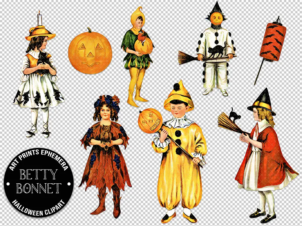 A collection of vintage Halloween clipart featuring children in various costumes. There are kids dressed as a jack-o'-lantern, a child in a yellow costume with an orange pumpkin, one as a witch, and others holding Halloween-themed props. The text reads "Betty Bonnet Art Prints Ephemera Halloween Clipart.