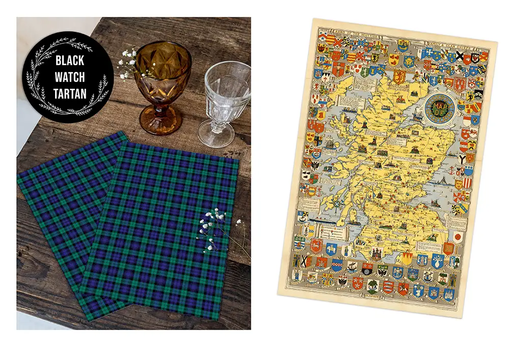 On the left, two glasses, one amber and one clear, sit beside two Black Watch tartan napkins and small white flowers. On the right, a detailed map of Scotland with various crests and heraldic symbols is displayed.