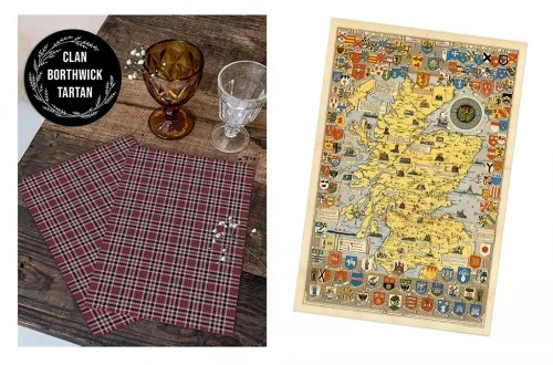 The image features two plaid napkins with a Clan Borthwick tartan pattern next to a wooden table with three decorative glasses. Beside this scene, there is an illustrated map of Scotland adorned with colorful shields and crests.