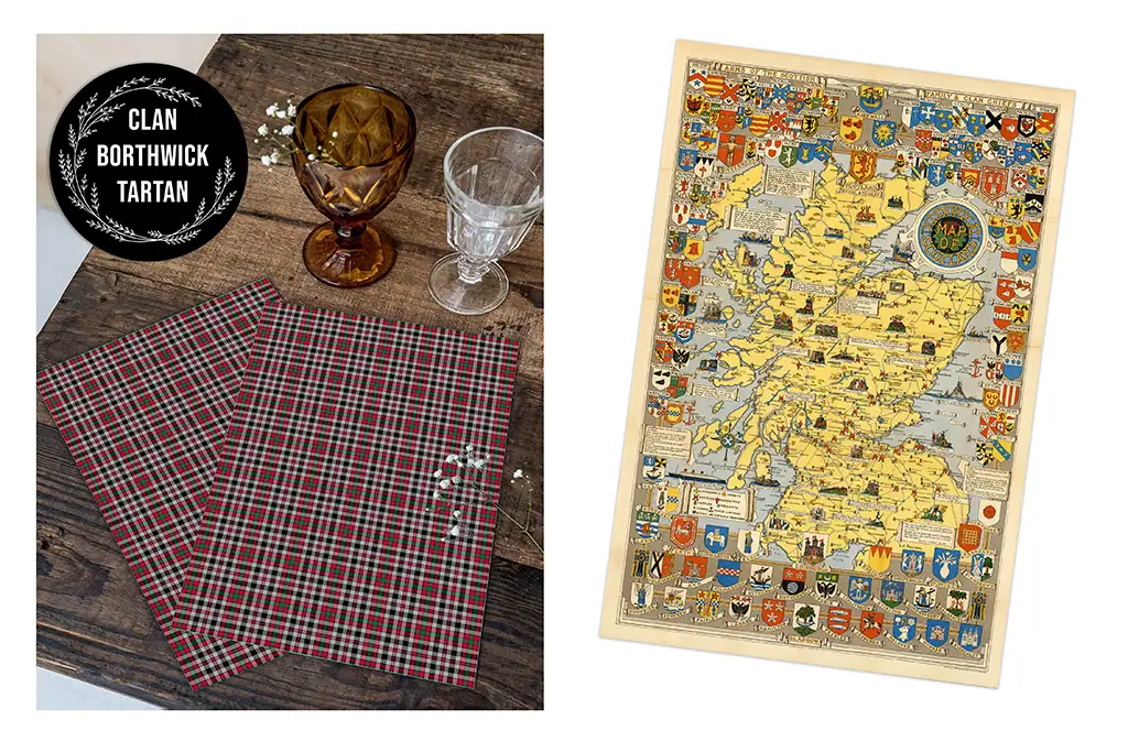 The image features two plaid napkins with a Clan Borthwick tartan pattern next to a wooden table with three decorative glasses. Beside this scene, there is an illustrated map of Scotland adorned with colorful shields and crests.