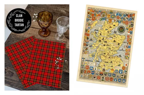 On the left, two red tartan napkins are displayed on a wooden table alongside a brown goblet and a clear glass. Above them is a circular black label reading "CLAN BRODIE TARTAN." On the right, there's an illustrated map of Scotland adorned with numerous crests.