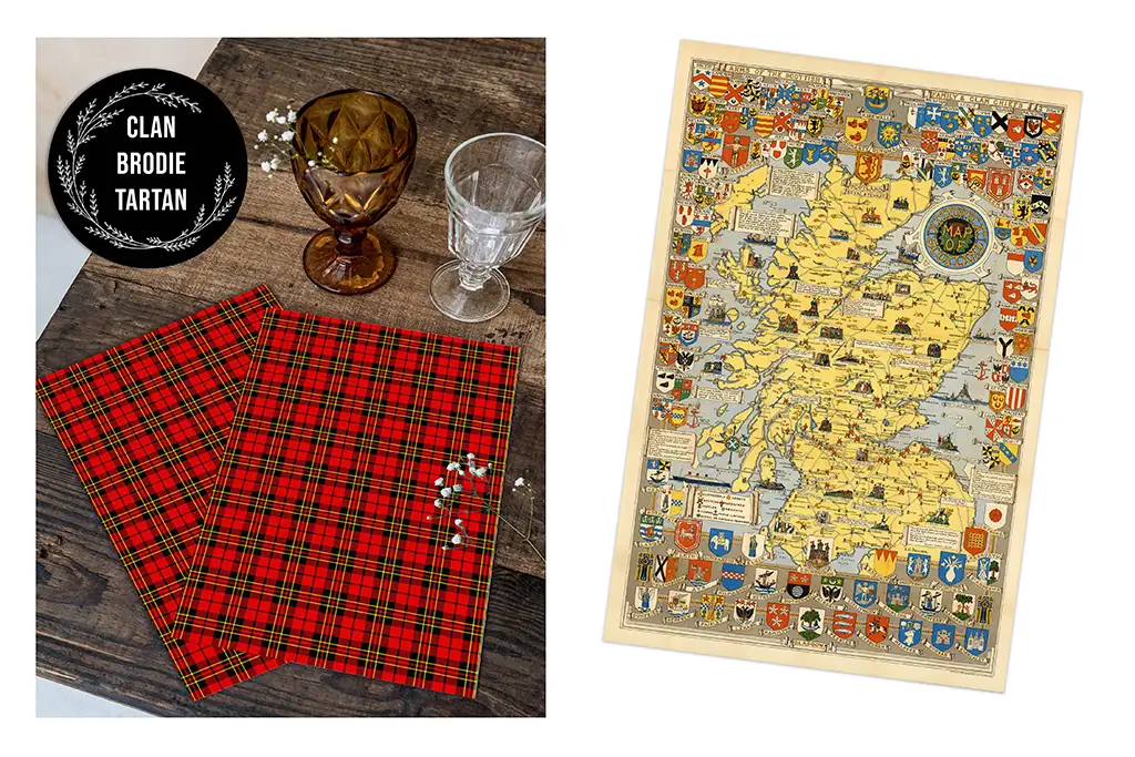 On the left, two red tartan napkins are displayed on a wooden table alongside a brown goblet and a clear glass. Above them is a circular black label reading "CLAN BRODIE TARTAN." On the right, there's an illustrated map of Scotland adorned with numerous crests.