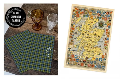 The image has two parts. On the left, two green and blue tartan napkins lie next to amber and clear glasses on a wooden table beneath a "Clan Campbell Tartan" label. On the right, there's a detailed map of Scotland adorned with various colorful heraldic crests.