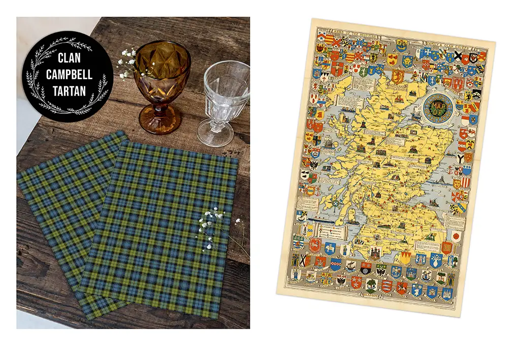 The image has two parts. On the left, two green and blue tartan napkins lie next to amber and clear glasses on a wooden table beneath a "Clan Campbell Tartan" label. On the right, there's a detailed map of Scotland adorned with various colorful heraldic crests.