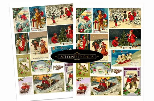 A collection of Victorian Christmas postcards featuring holiday scenes with children in the snow, Santa Claus, and winter landscapes, displayed in an overlapping arrangement with a logo in the center.