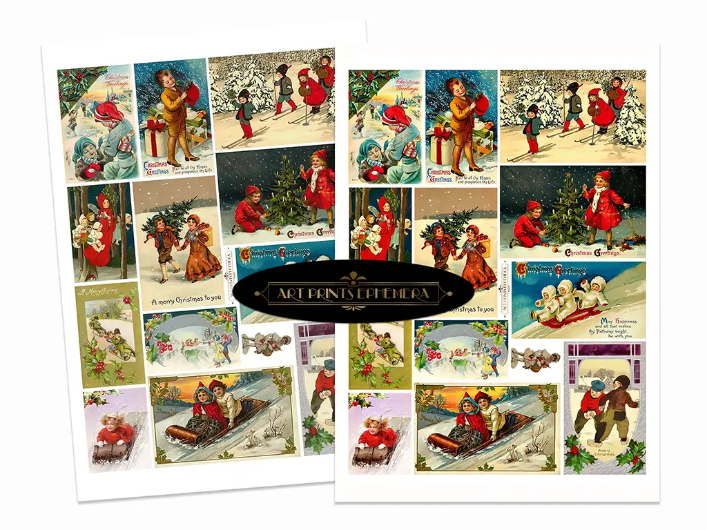 A collection of Victorian Christmas postcards featuring holiday scenes with children in the snow, Santa Claus, and winter landscapes, displayed in an overlapping arrangement with a logo in the center.