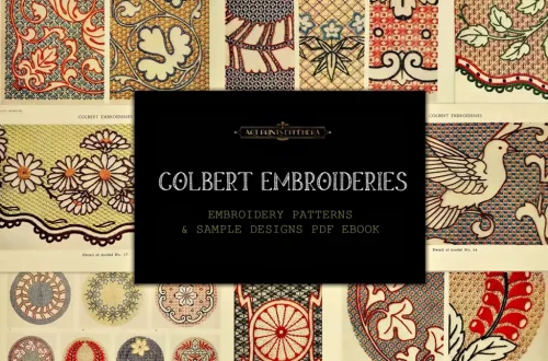 A collage of intricate embroidery patterns with designs ranging from floral motifs to geometric shapes and animals. Overlaid is a black title card reading "Colbert Embroideries," with a note emphasizing that these are embroidery patterns and sample designs available in a PDF ebook.