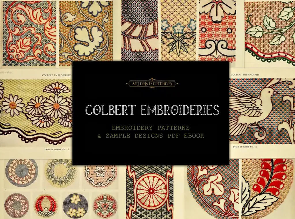 A collage of intricate embroidery patterns with designs ranging from floral motifs to geometric shapes and animals. Overlaid is a black title card reading "Colbert Embroideries," with a note emphasizing that these are embroidery patterns and sample designs available in a PDF ebook.