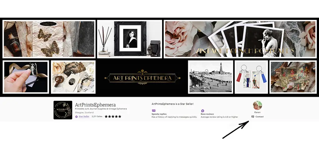 A banner showcasing "ArtPrintsEphemera" with a collage of vintage and floral-themed art prints. The banner includes sepia photographs, butterflies, flowers, and black-and-white images. An arrow points to a profile with the name "Karen" labeled with "Contact".