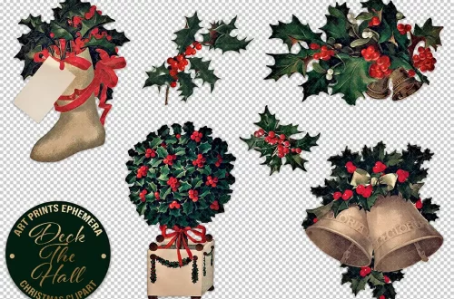 A Christmas-themed clipart set featuring various holiday decorations, including holly with red berries and ribbons, a topiary tree adorned with holly and berries, a pair of golden bells with holly, and a mitten decorated with holly and a ribbon.