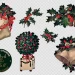A Christmas-themed clipart set featuring various holiday decorations, including holly with red berries and ribbons, a topiary tree adorned with holly and berries, a pair of golden bells with holly, and a mitten decorated with holly and a ribbon.